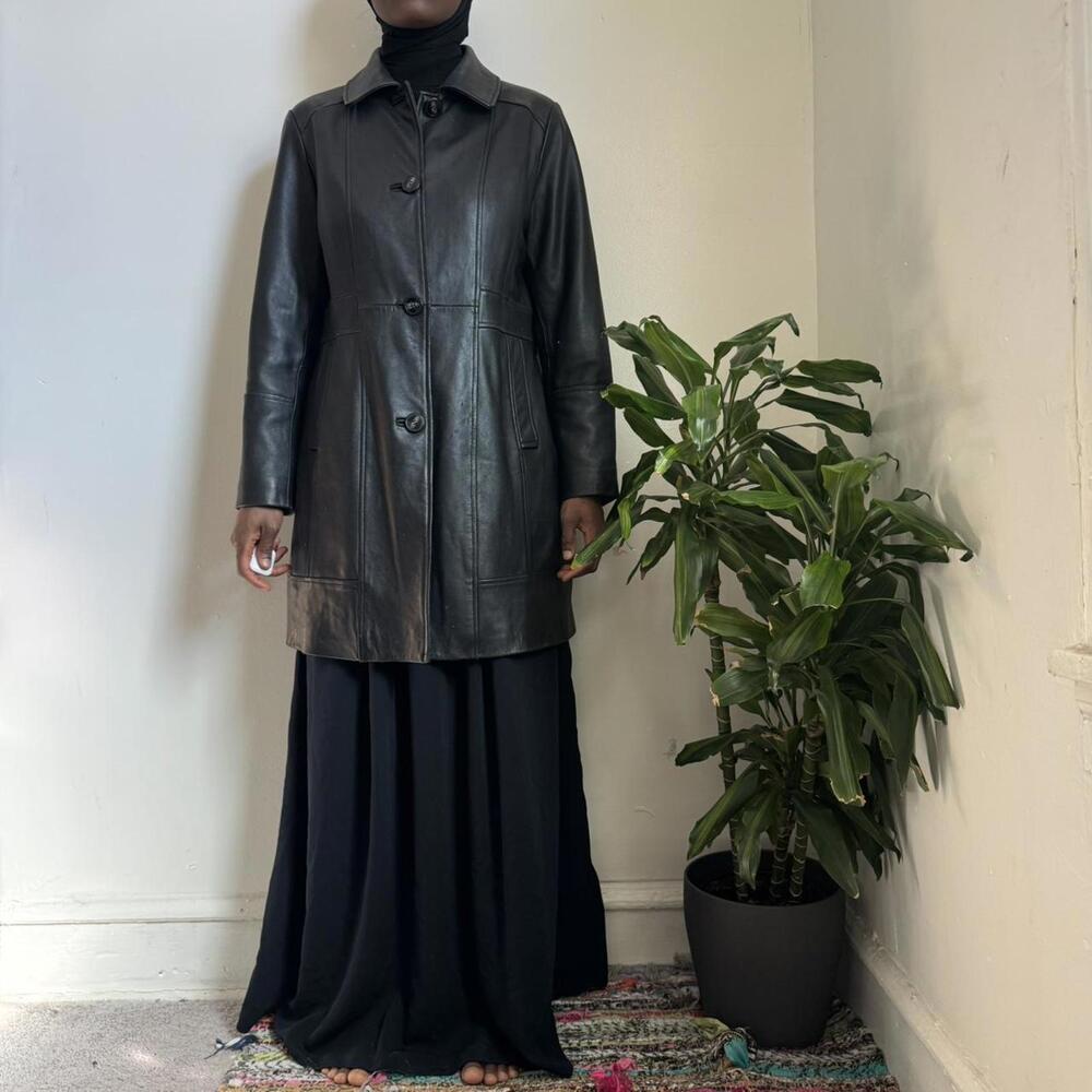 Vintage 90s Gallery NY Genuine Leather black‎ Trench coat size L